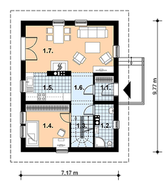 Projekt domu L-29 Dom szkieletowy - rzut parteru, dom liczy 3 pokoje, 2 łazienki i wc