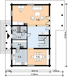 Projekt domu L-31 Dom litewska - z bali - rzut parteru, dom liczy 3 pokoje, 2 łazienki i wc