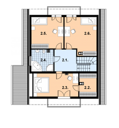 Projekt domu L-96 Dom cynamonowa - szkieletowy - rzut poddasza, dom liczy 3 pokoje, 2 łazienki i wc