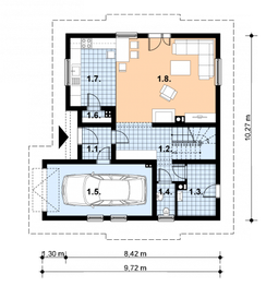 Projekt domu L-96 Dom cynamonowa - z bali - rzut parteru, dom liczy 3 pokoje, 2 łazienki i wc