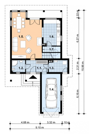 Projekt domu A-101 Dom karska - z bali - rzut parteru, dom liczy 3 pokoje, 2 łazienki i wc