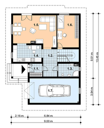 Projekt domu A-103 Dom jastrzębia - szkieletowy - rzut parteru, dom liczy 4 pokoje, 2 łazienki i wc
