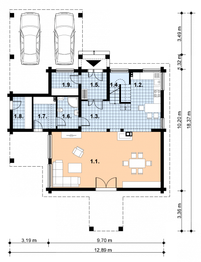 Projekt domu A-109 Dom wiązowa - z bali - rzut parteru, dom liczy 3 pokoje, 2 łazienki i wc