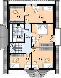Projekt domu L-86 Dom długa - z bali - rzut poddasza, dom liczy 3 pokoje, 2 łazienki i wc