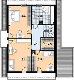 Projekt domu L-90 Dom irysowa - szkieletowy - rzut poddasza, dom liczy 3 pokoje, 2 łazienki i wc
