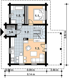 Projekt domu L-84 Dom krótka - z bali - rzut parteru, dom liczy 4 pokoje, 2 łazienki i wc