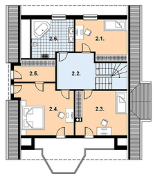Projekt domu L-46 Dom hiacyntowa - murowany - rzut poddasza, dom liczy 5 pokoje, 3 łazienki i wc