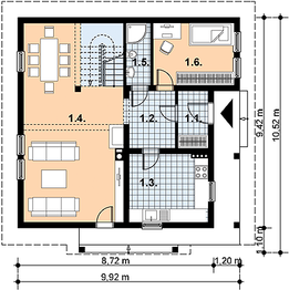 Projekt domu L-59 Dom malinowa - z bali - rzut parteru, dom liczy 4 pokoje, 2 łazienki i wc
