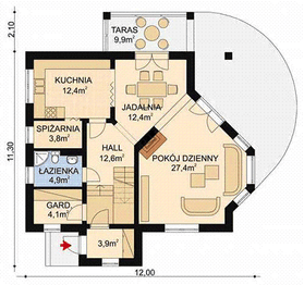 Projekt domu APS 012 - rzut parteru, dom liczy 3 pokoje, 2 łazienki i wc