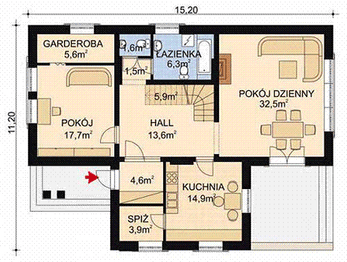 Projekt domu APS 020 - rzut parteru, dom liczy 4 pokoje, 3 łazienki i wc