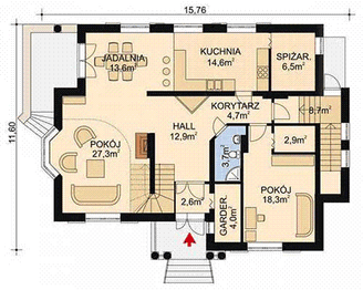 Projekt domu APS 021 - rzut parteru, dom liczy 4 pokoje, 2 łazienki i wc