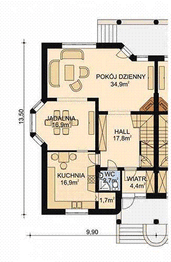 Projekt domu APS 025 - rzut parteru, dom liczy 3 pokoje, 2 łazienki i wc