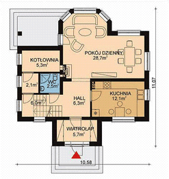Projekt domu APS 095 - rzut parteru, dom liczy 3 pokoje, 2 łazienki i wc