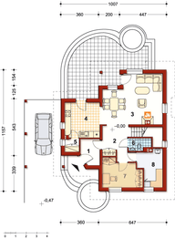 Projekt domu Kasjopea - rzut parteru, dom liczy 4 pokoje, 3 łazienki i wc