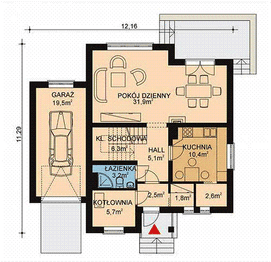 Projekt domu APS 056 - rzut parteru, dom liczy 3 pokoje, 2 łazienki i wc