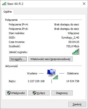 Informacja systemu Windows na temat zestawionego połączenia dla kanału 2,4 GHz