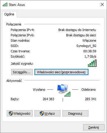 Informacja systemu Windows na temat zestawionego połączenia dla kanału 5 GHz