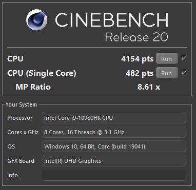 MSI GE75 Raider 10SGS - wyniki Cinebench R20