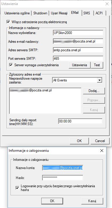 UPSilon 2000 ustawienia wysyłania komunikatów e-mail