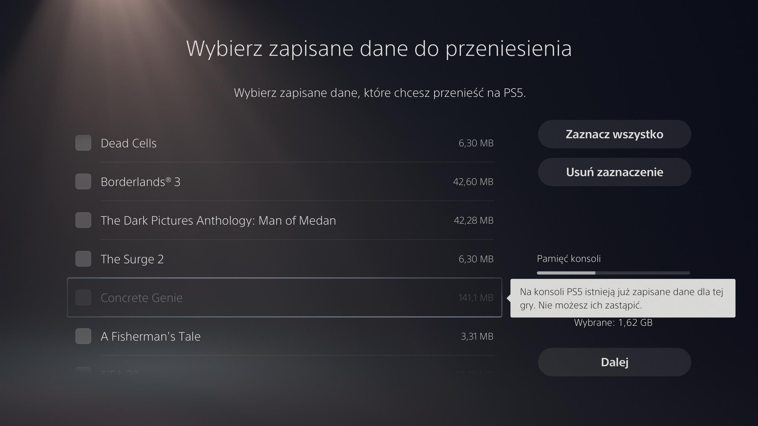 PS5 - wybór danych do przeniesienia z PS4