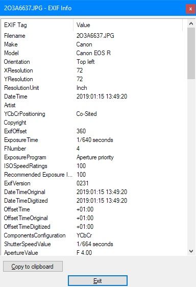 IrfanView okno ExiF podglą