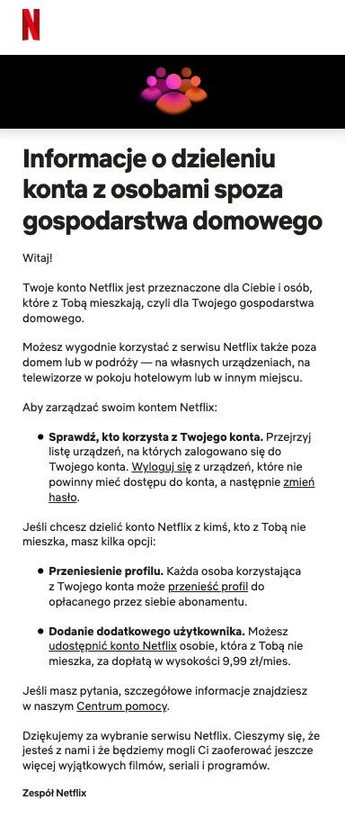 Netflix - współdzielenie konta, mail
