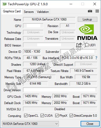 Nvidia GeForce GTX 1060 - specyfikacja GPU-Z