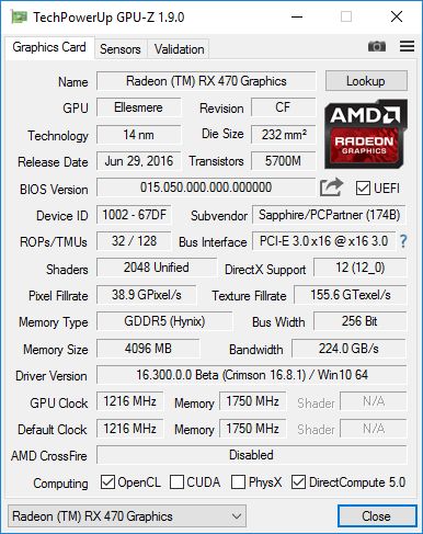 Sapphire Radeon RX 470 - GPU-Z