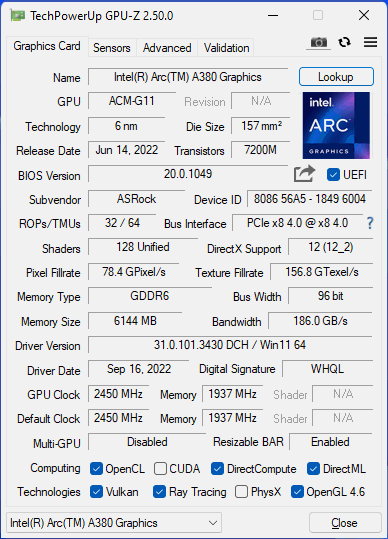 ASRock ARC A380 Challenger ITX - specyfikacja gpu-z