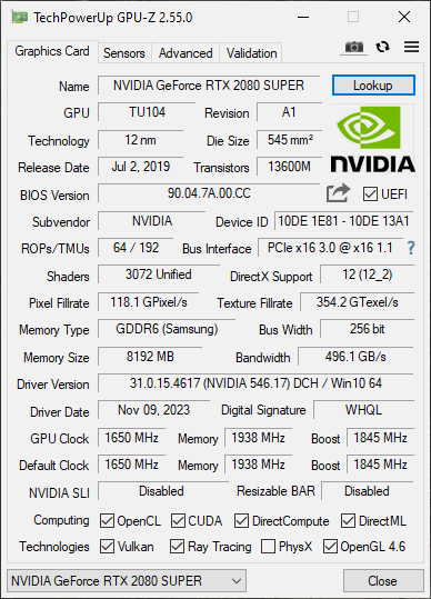 rtx 2080 super spec