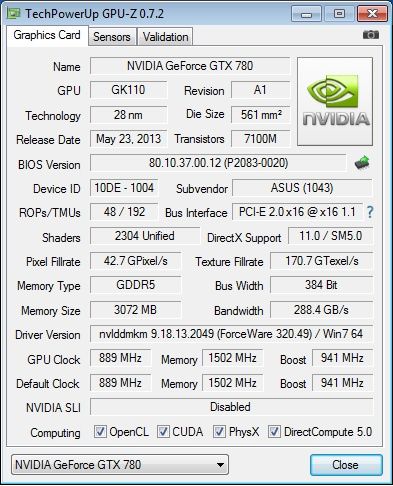 Asus GTX 780 DCUII OC gpu-z
