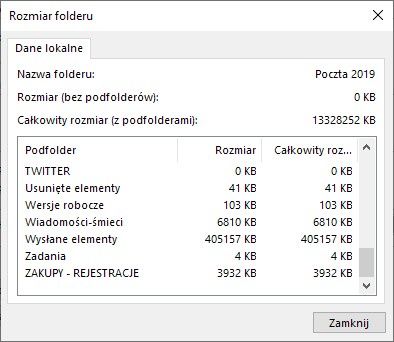 Microsoft Outlook rozmiar folder