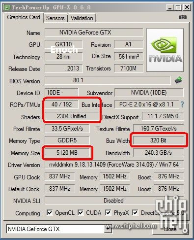 Nvidia GeForce GTX Titan LE specyfikacja GPU-Z zrzut ekranu