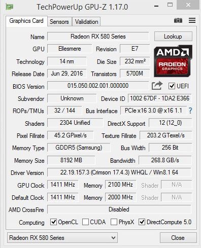 XFX Radeon RX 480 zmodyfikowany do RX 580
