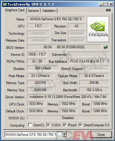 Nvidia GeForce GTX 750 Ti 760 SE karta graficzna specyfikacja GPUZ