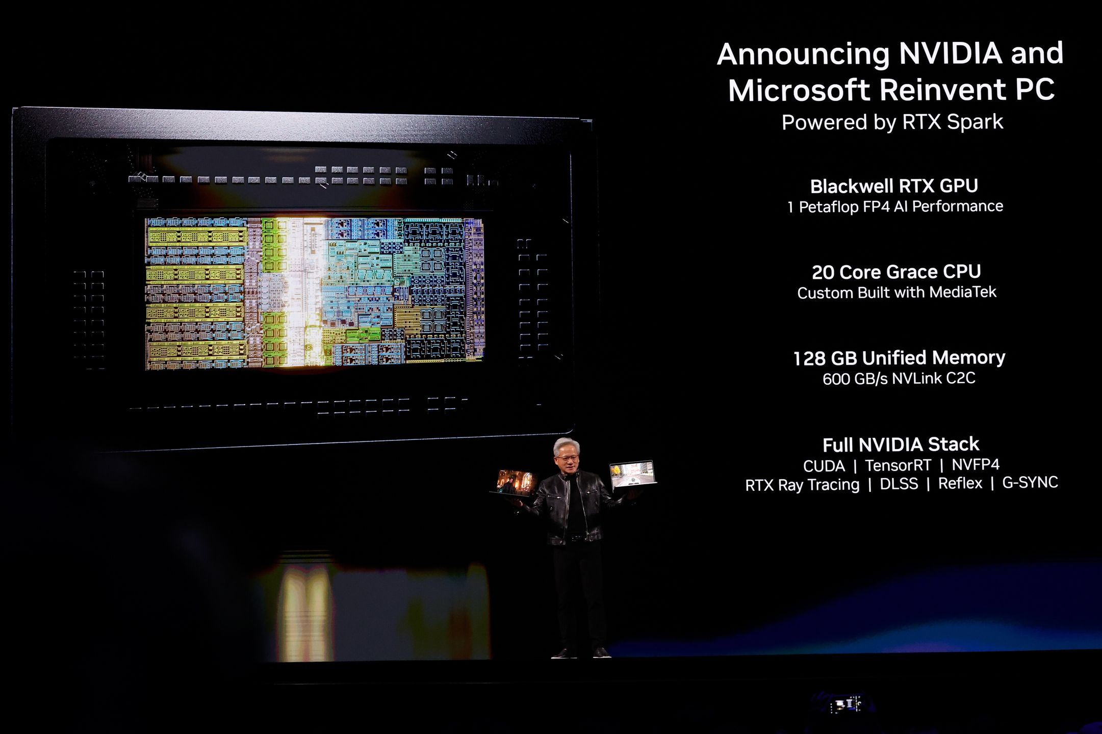 NVIDIA CEO Jensen Huang shows the RTX Spark during his keynote speech as part of the COMPUTEX 2026 AI exhibition in Taipei, Taiwan, 01 June 2026. Jensan Huang officially announced NVIDIA?s new products and various AI integration. EPA/RITCHIE B. TONGO Dostawca: PAP/EPA.