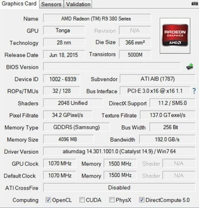 ColorFire Radeon R9 380X karta graficzna - GPUZ specyfikacja
