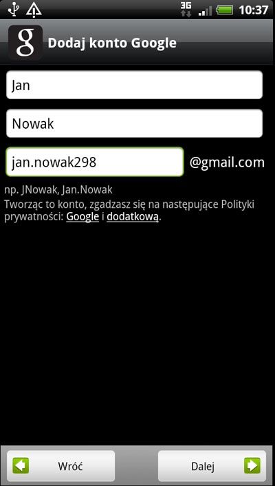 Dodawanie konta Google