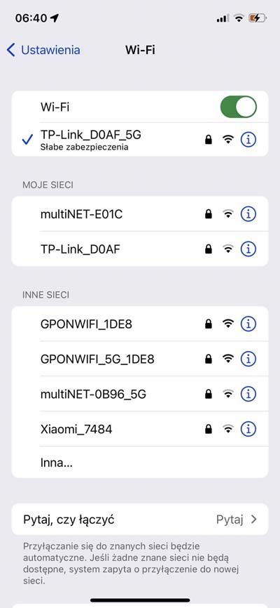 ustawienia wifi iPhone