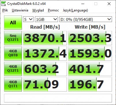 ADATA XPG Gammix S50 Lite 1 TB - wydajność CrystalDiskMark bez nawiewu