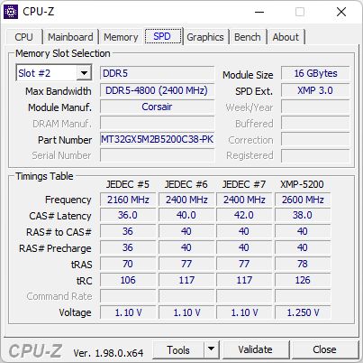 Corsair Dominator Platinum RGB DDR5 - parametry SPD