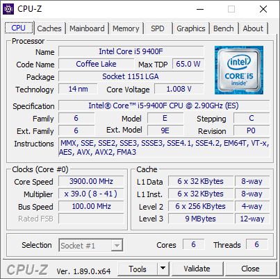 Intel Core i5-9400F ES - CPU-Z