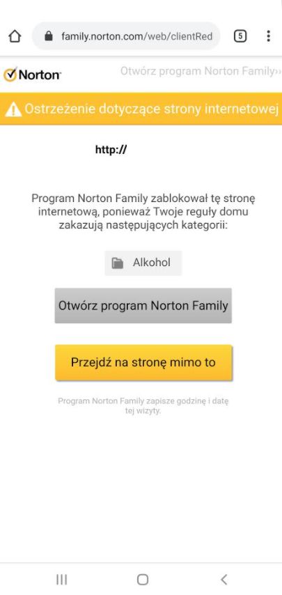 Jeżeli dziecko spróbuje wejść na stronę, która zostanie rozpoznana jako niewłaściwa, aplikacja prześle ostrzeżenie lub zablokuje dostęp do witryny - norton 360