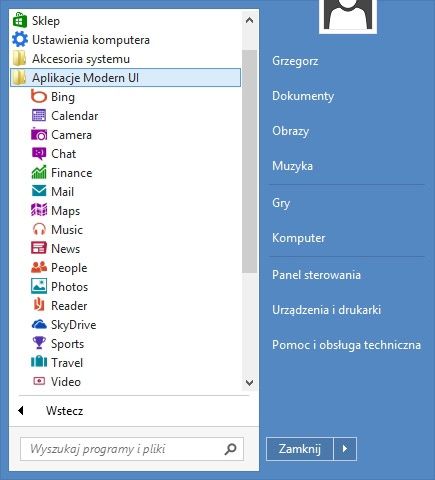 menu start i aplikacje modern UI