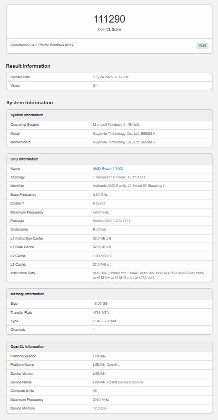 Lisuan 7G100 - wydajność Geekbench 7G100
