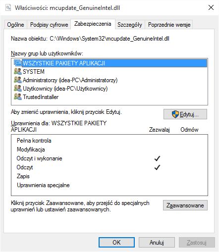 Edycja dostępu do pliku mcupdate_GenuineIntel.dll