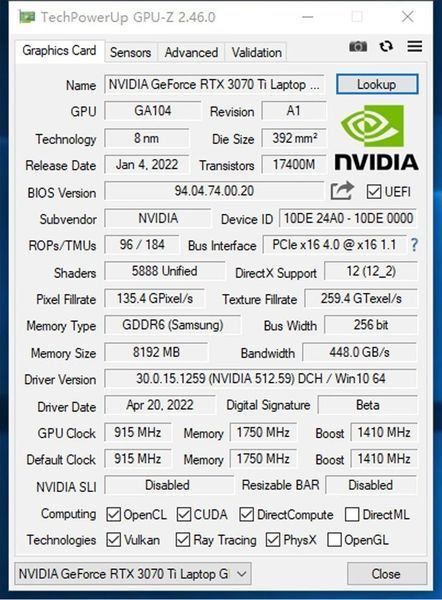 GeForce RTX 3070 Ti - specyfikacja GPU-Z