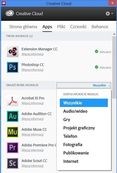 Aplikacje pakietu Adobe CC.