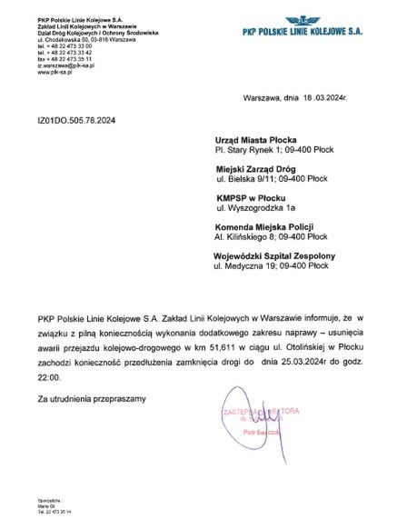 Przejazd na ul. Otolińskiej pozostaje nadal zamknięty - komunikat PKP