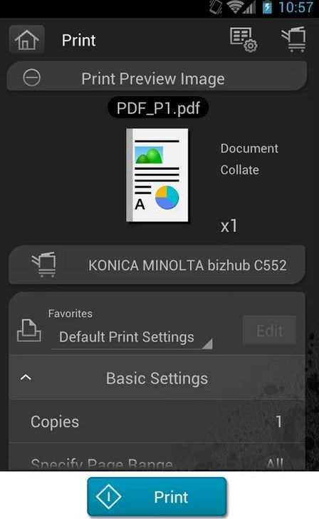 PageScope Mobile – drukowanie. [źródło: Konica Minolta]